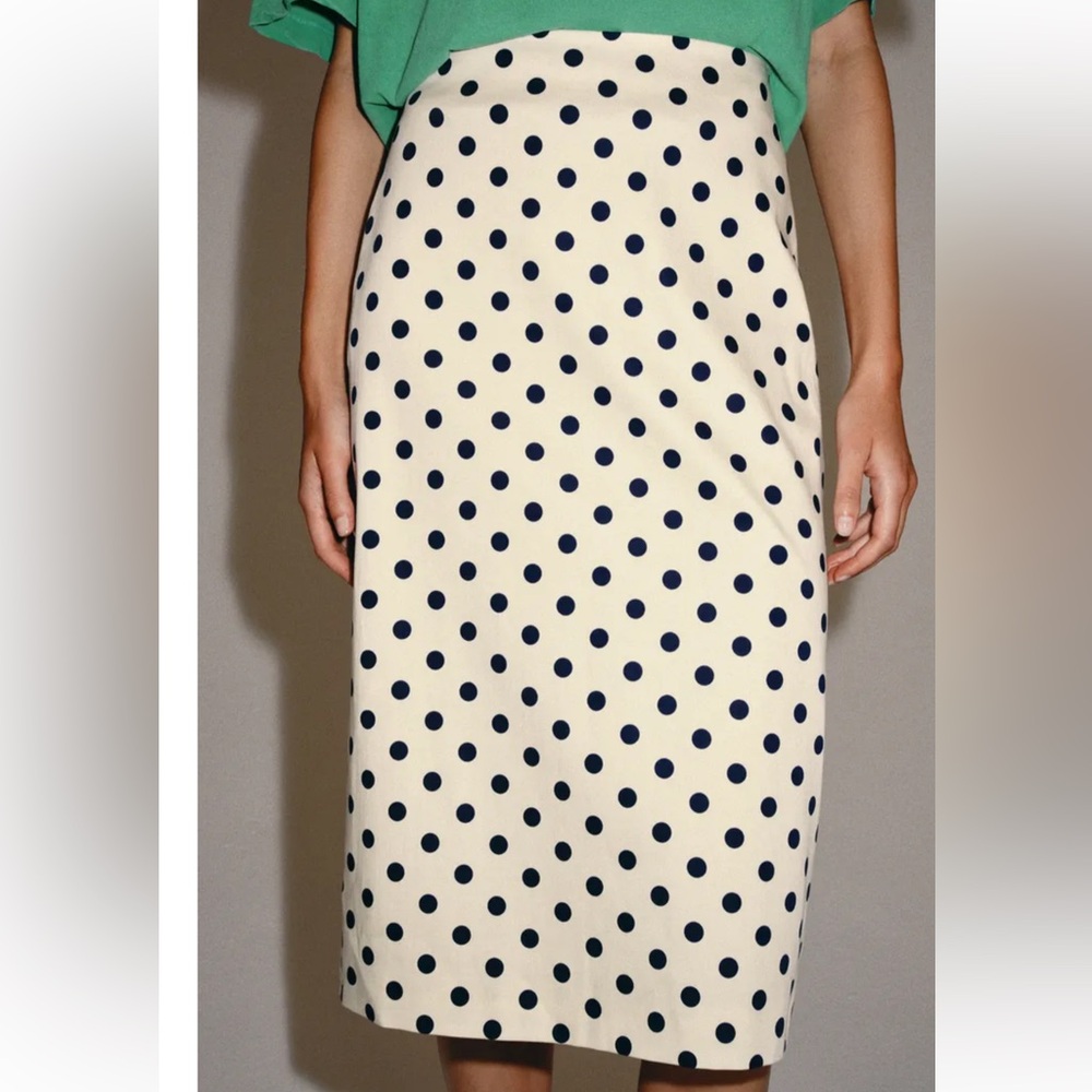 NWT ZARA ZW Collection Polka Dot Pencil Skirt Ecru Black Midi Slit Womens Large